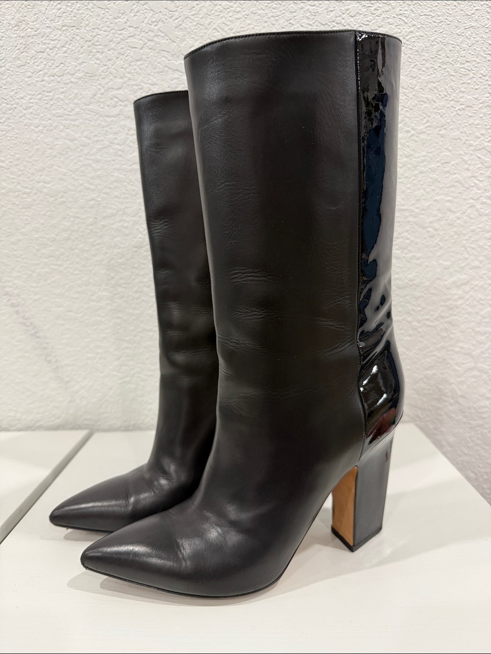 Valentino Black Leather Pointed-Toe Mid-Calf Boots with Patent Back